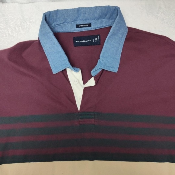 Abercrombie & Fitch Rugby Shirt Mens Medium Tall Maroon Green Stripe Oversized - Picture 3 of 10